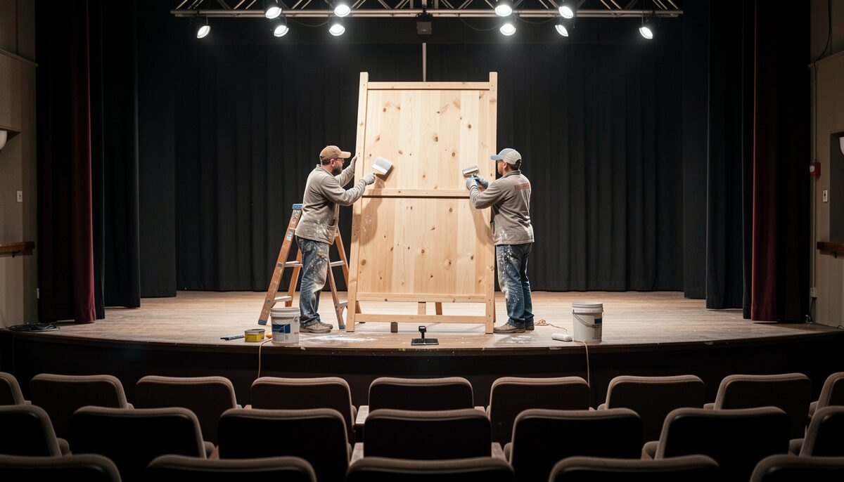 A set call in a small community playhouse: two volunteers brush down a new wooden flat before it is painted.