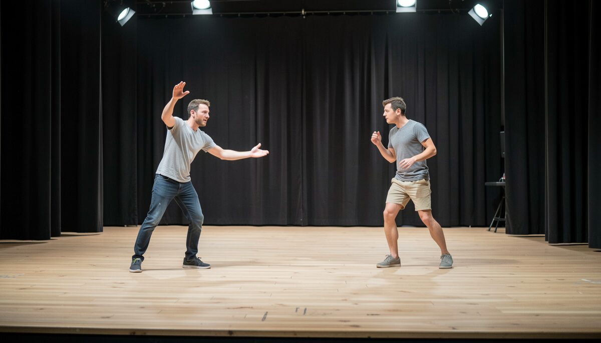 Two actors rehearsing in plain clothes on a bare thrust stage, house lights half up: how Shakespeare usually starts in Athens.